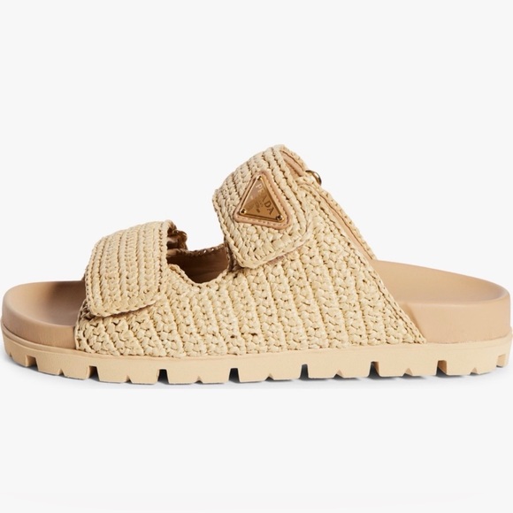 Prada Fussbett Raffia Double Band Tan Woven Slide Sandals - Picture 3 of 16